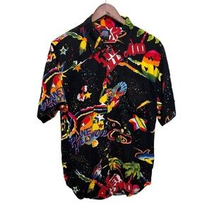 Vintage 90s Planet Hollywood Space Neon Aloha Hawaiian Shirt Small Rainbow​